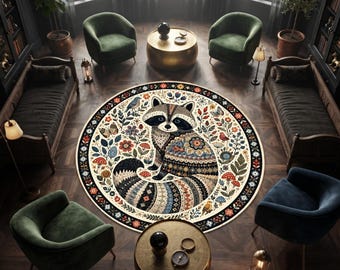 Runder Teppich mit Waschbärmotiv im Folk-Art-Stil, Waldtier-Teppich, Cottagecore-Waldteppich