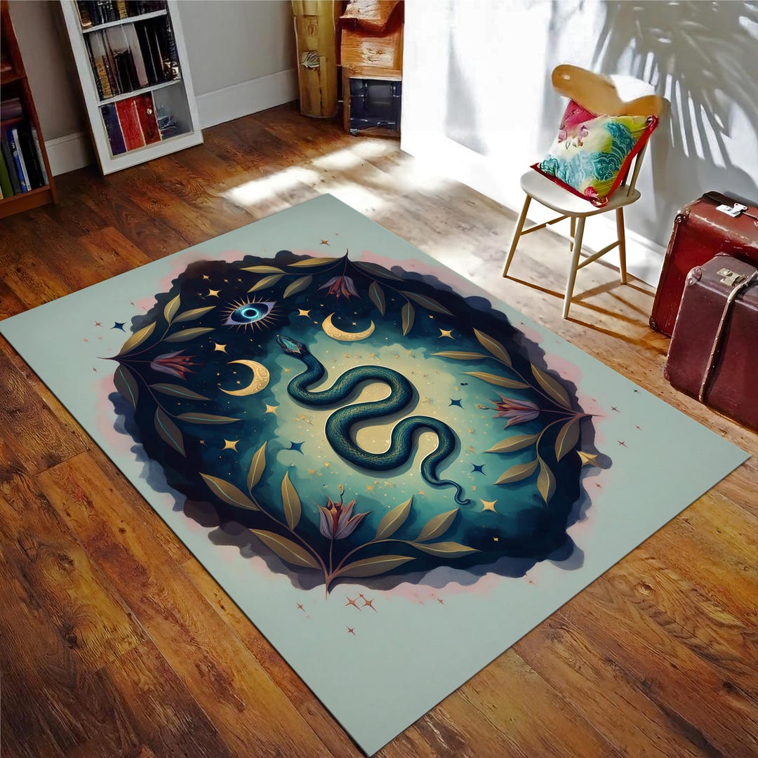 Mystical Snake Rug, Floral Design Rug, Crescent Moon Rug, Snake Pattern ...