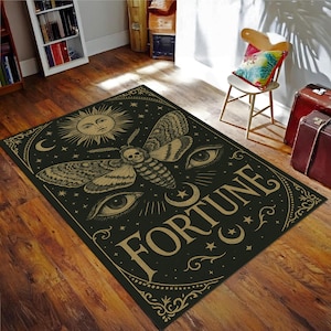 Tappeto gotico con tarocchi, tappeti occulti, tappeto della fortuna, tappeti esoterici per soggiorno, arredamento boho per la casa, tappeto Sole e Luna con falena luna, regalo per lei