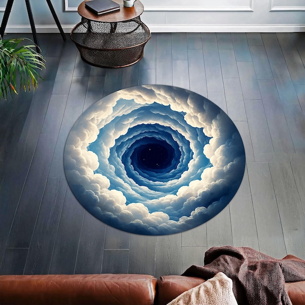 Round Rug Cloud Portal Design – 3D Illusion Sky Hole, Dreamy Cloud Vortex Carpet, Trippy Fantasy Living Room Meditation Decor