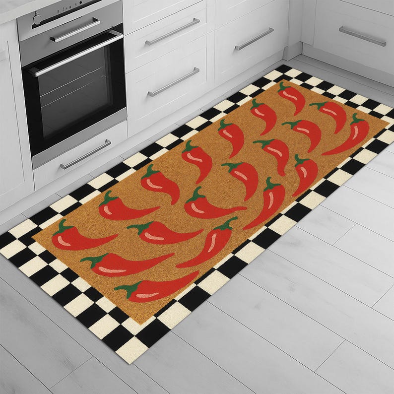 Red Pepper Parade Rug – Retro Chili Pattern Kitchen Carpet With ...