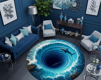 Round Shark Rug Illusion | 3D Ocean Whirlpool Carpet with Sharks | Nautical Sea Life Area Rug for Living Room & Bedroom Decor