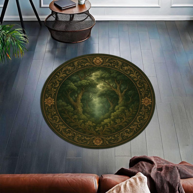 Emerald Forest Rug – Round Green Nature Carpet With Baroque Frame and ...