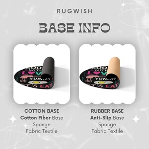 The image is a promotional graphic for a rug with a base, featuring two different types of bases: a cotton fiber base and a rubber base.