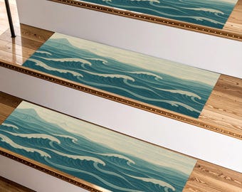 Ocean Wave-Treppenstufen - Japanisch inspirierte Küsten-Treppenteppiche, rutschfeste Stufenmatten für Strandhaus, Eingangsbereich oder modernes Dekor