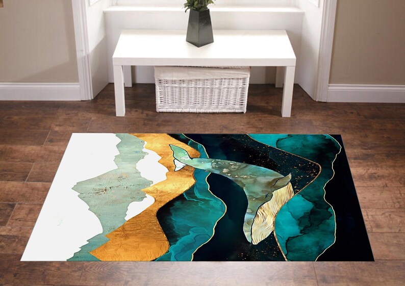 Alfombra con diseño de ballena, alfombra de diseño de lujo, alfombra de ballena, alfombra submarina, decoración de peces, temática oceánica, alfombra de animales, alfombra de área para el piso, regalo para él/ella imagen 2