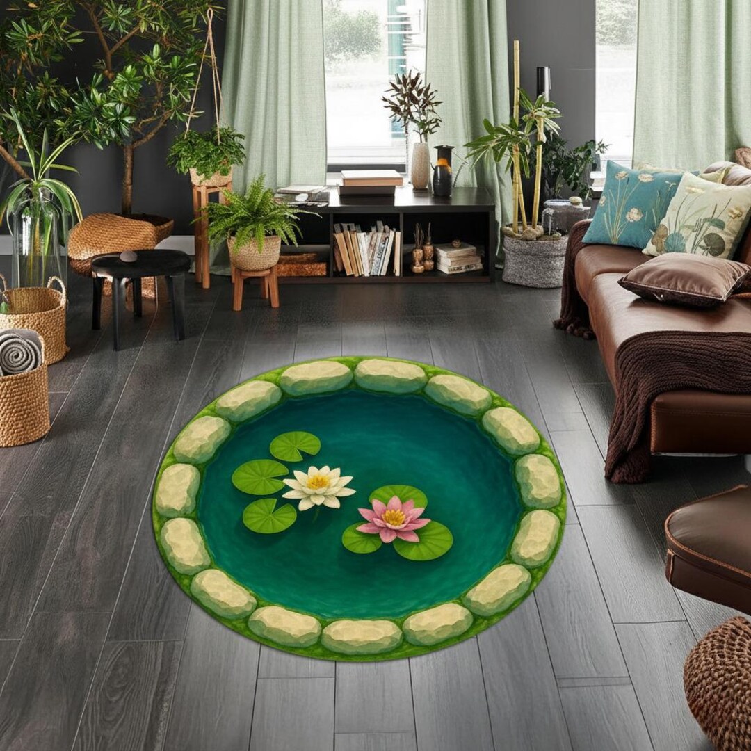 Pond/water Rug Lily Pond Serenity Rug – Round Water Lily Carpet With Zen Garden Design ...