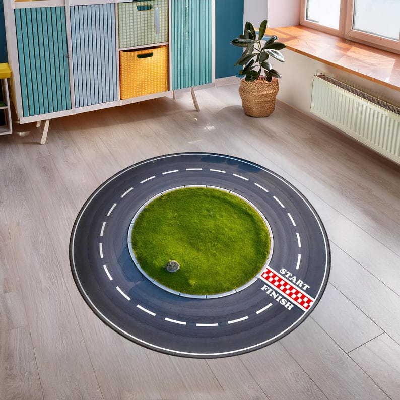 Racetrack Runner Rug for Kids Room, Racing Car Rug, Race Track Rug