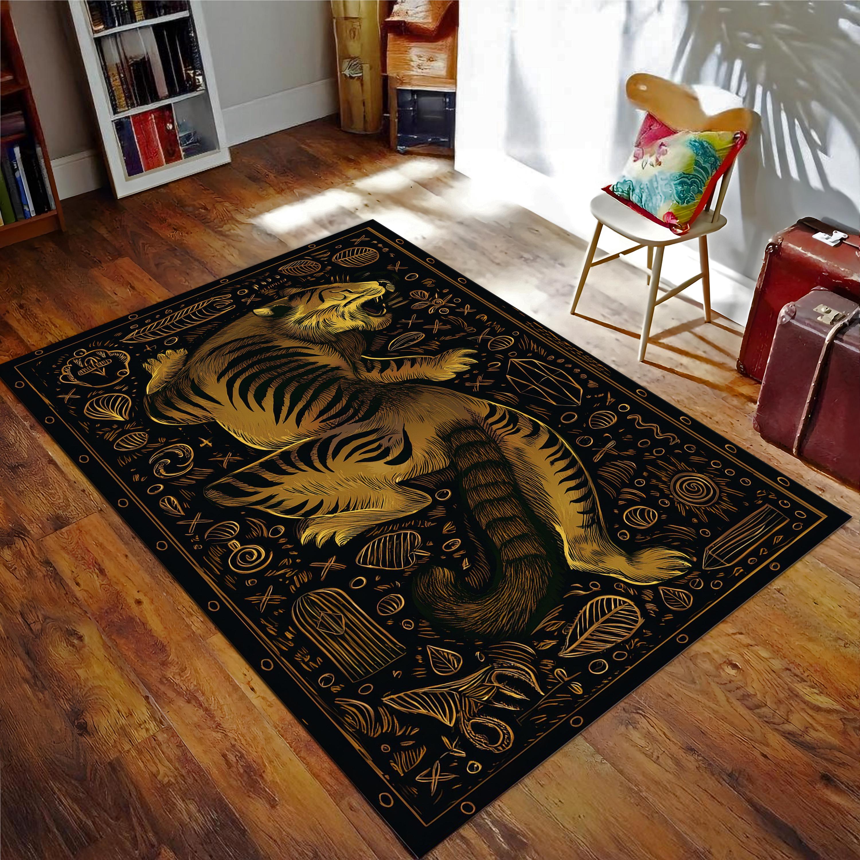 Vintage Tiger Rug, Big Cat Rug, Traditional Rug, Antique Look Rug, Maximalist Decor, Decorative Rug For Bold Decor, Wild Cat Gold Color Rug