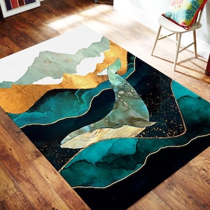 Alfombra con diseño de ballena, alfombra de diseño de lujo, alfombra de ballena, alfombra submarina, decoración de peces, temática oceánica, alfombra de animales, alfombra de área para el piso, regalo para él/ella imagen 1