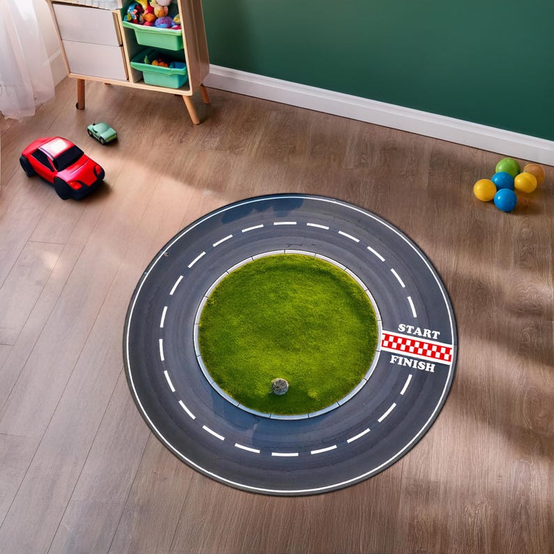 Racetrack Runner Rug for Kids Room, Racing Car Rug, Race Track Rug