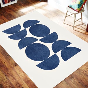 Moderner Abstrakter Teppich Minimalistisch, 60er 70er, Blauer Marine Teppich, Wollteppich Design,