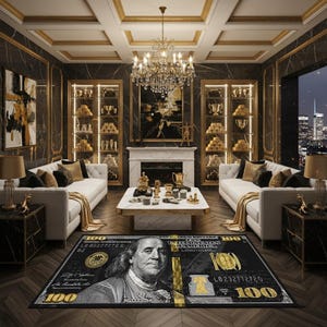 Luxury Black and Gold 100 Bill Area Rug | Franklin Money Art Floor Mat, Dollar Rug,Money Rug,Black Dollar Rug,Hundred Bucks Rug,Cash Rug,