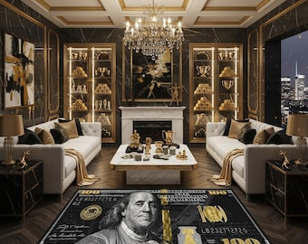 Luxus Schwarz und Gold 100 Bill Teppich | Franklin Geld Kunst Bodenmatte, Dollar Teppich,Geld Teppich,Schwarzer Dollar Teppich,Hundert Bucks Teppich,Kash Teppich,