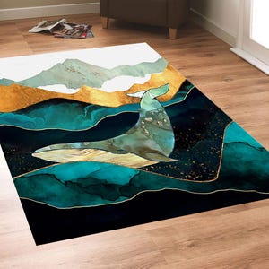 Alfombra con diseño de ballena, alfombra de diseño de lujo, alfombra de ballena, alfombra submarina, decoración de peces, temática oceánica, alfombra de animales, alfombra de área para el piso, regalo para él/ella imagen 3