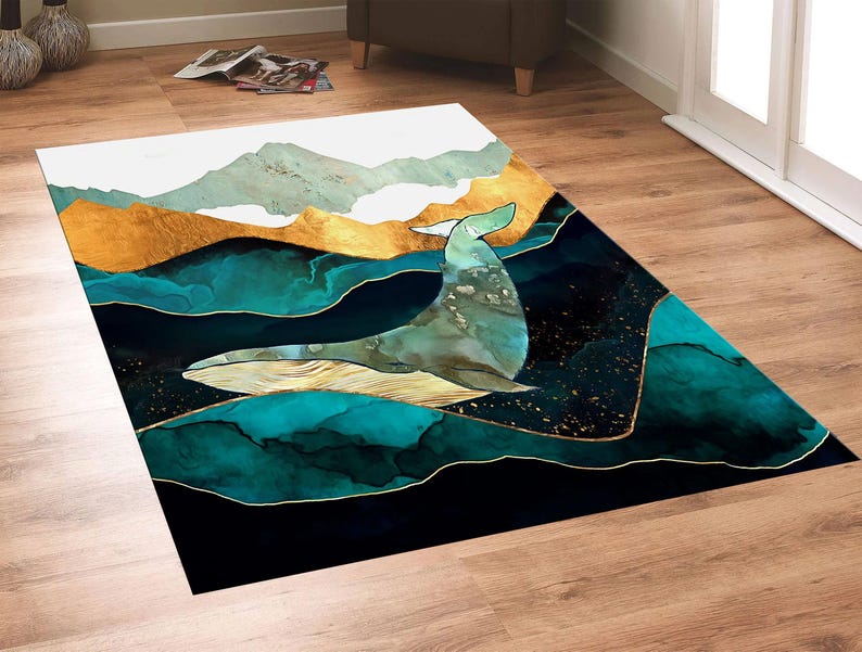 Alfombra con diseño de ballena, alfombra de diseño de lujo, alfombra de ballena, alfombra submarina, decoración de peces, temática oceánica, alfombra de animales, alfombra de área para el piso, regalo para él/ella imagen 3