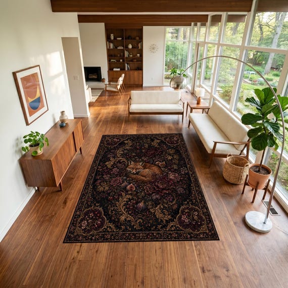 Gothic Fox Area Rug, Burgundy Floral Woodland Rug with Figs Cherries, Dark Botanical Maximalist Moody Living Room Bedroom Floor Decor