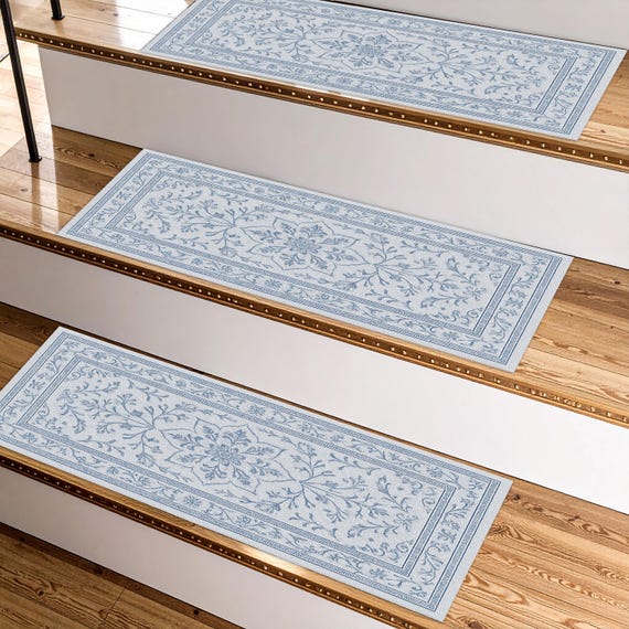 Blue Floral Stair Treads – Vintage Style Non-Slip Stair Rugs, Elegant Botanical Runner Pads, Washable Indoor Carpet for Wood Stairs