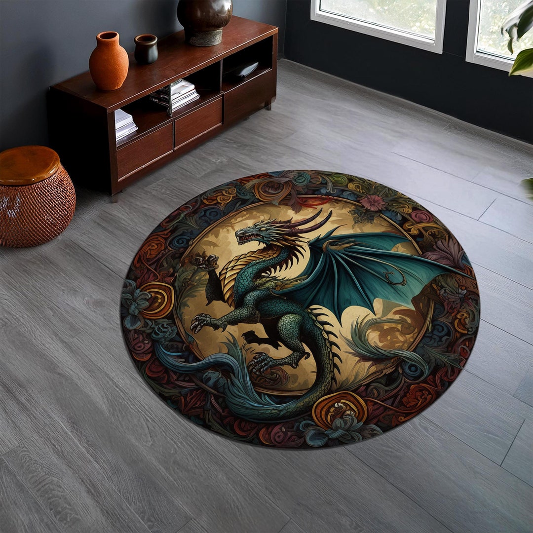 Fantasy Rug Collection Floral Dragon Rug, Fantasy Inspired Round Rug, Dark Academia, Magical ...