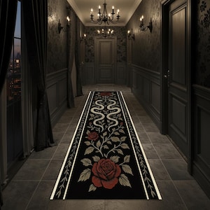 Alfombra de pasillo con serpiente y rosa – Alfombra gótica negra para recibidor – Alfombra con estampado floral de serpiente para decoración oscura del hogar – Arte de suelo alternativo y místico