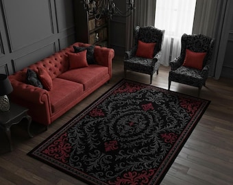Gothic Red Baroque Rug – Black and Red Ornamental Carpet with Dark Floral Pattern, Elegant Gothic Decor, Witchcore Living Room Rug