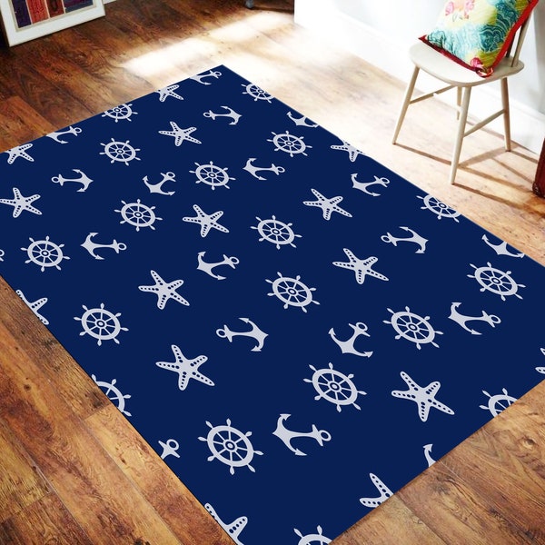 Navy Blue Rug, Nautical Compass Rug, Sail Anchor Rug, Decorative Door Mat Bathroom Mat Kitchen Mat Non-slipper Rug Oval and Square Mats