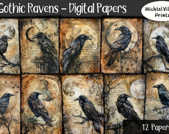 Gothic Ravens - Digital Papers, Collage Sheet, Fantasy Kit, Journal Page, Printable Paper, Junk Journal, Digital Download