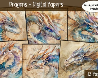 Dragons - Digital Papers - Collage Sheet, Fantasy Kit, Journal Page, Printable Paper, Junk Journal, Digital Download