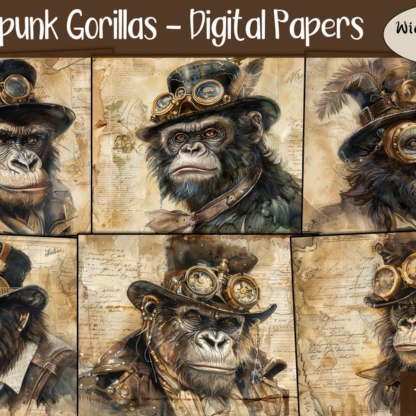 Steampunk Gorillas - Digital Papers, Collage Sheet, Scrapbook Page, Fantasy Kit, Printable Paper, Junk Journal, Digital Download