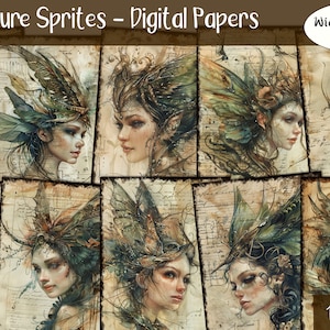 Nature Sprites Digital Papers, Collage Sheet, Fantasy Kit, Journal Page, Printable Paper, Junk Journal, Digital Download image 1