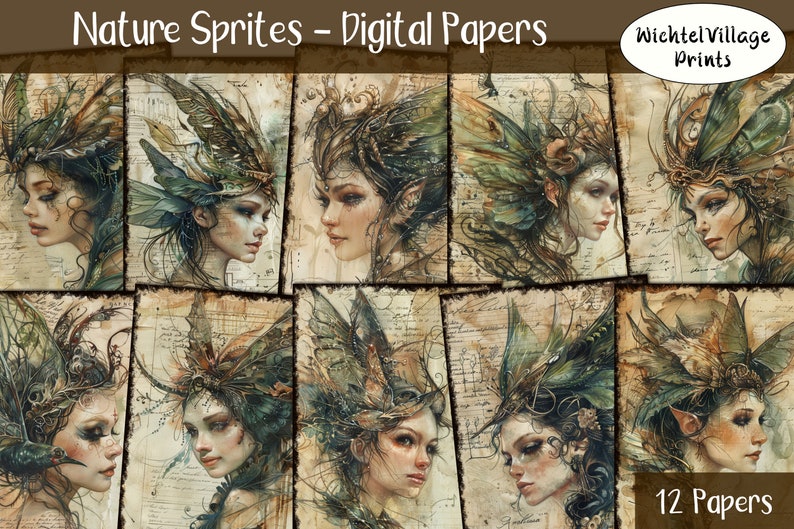 Nature Sprites Digital Papers, Collage Sheet, Fantasy Kit, Journal Page, Printable Paper, Junk Journal, Digital Download image 1