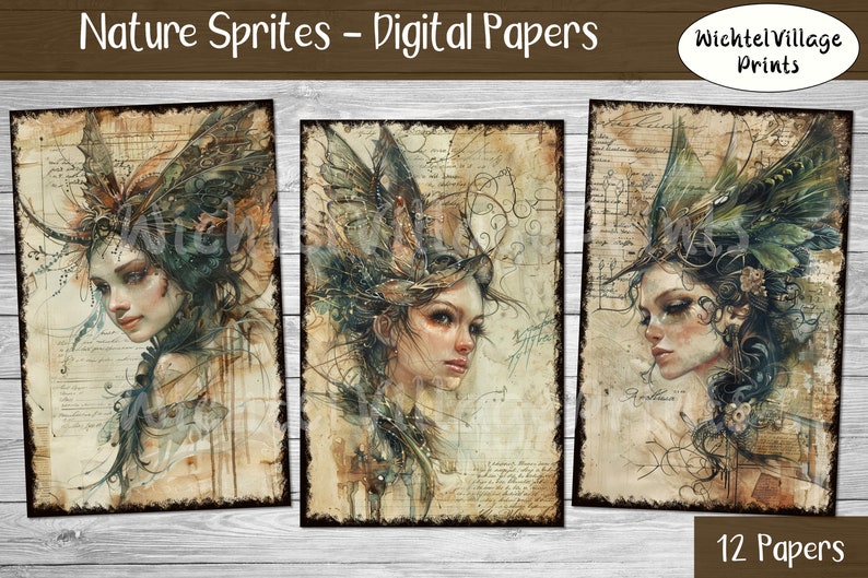 Nature Sprites Digital Papers, Collage Sheet, Fantasy Kit, Journal Page, Printable Paper, Junk Journal, Digital Download image 4