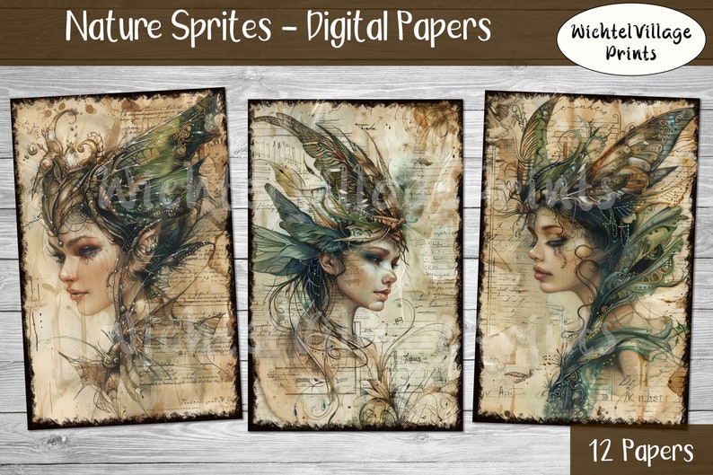 Nature Sprites Digital Papers, Collage Sheet, Fantasy Kit, Journal Page, Printable Paper, Junk Journal, Digital Download image 2