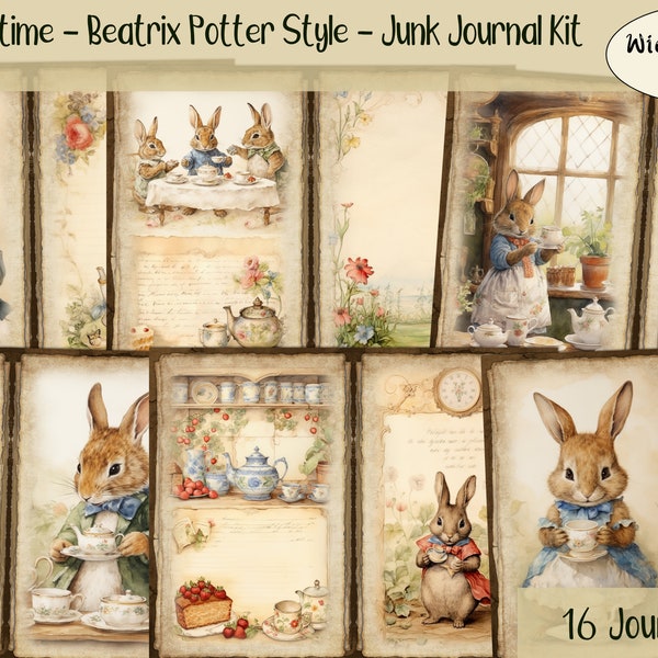 Bunnies Teatime - Beatrix Potter Style - Junk Journal Kit, Collage Sheet, Scrapbook Page, Journal Page, Printable Paper, Digital Download