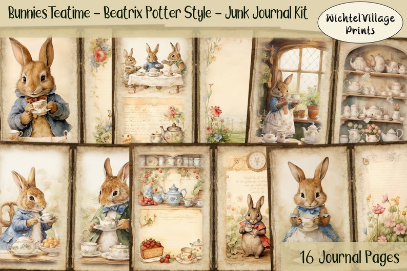 Bunnies Teatime - Beatrix Potter Style - Junk Journal Kit, Collage ...