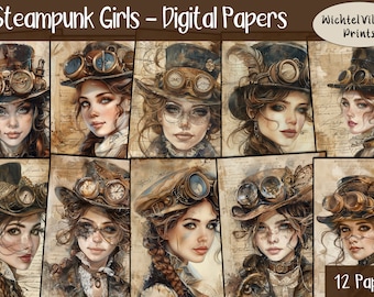 Steampunk Girls - Digital Papers - Collage Sheet, Fantasy Kit, Journal Page, Printable Paper, Junk Journal, Digital Download