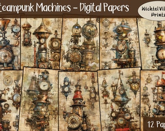Steampunk Machines - Digital Papers - Collage Sheet, Fantasy Kit, Journal Page, Printable Paper, Junk Journal, Digital Download