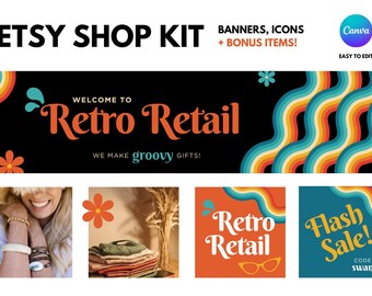 Kit de tienda retro de Etsy / Banners de Etsy editables / Iconos de tienda de Etsy / Banners de Etsy personalizables / Plantilla de tienda de Etsy en Canva