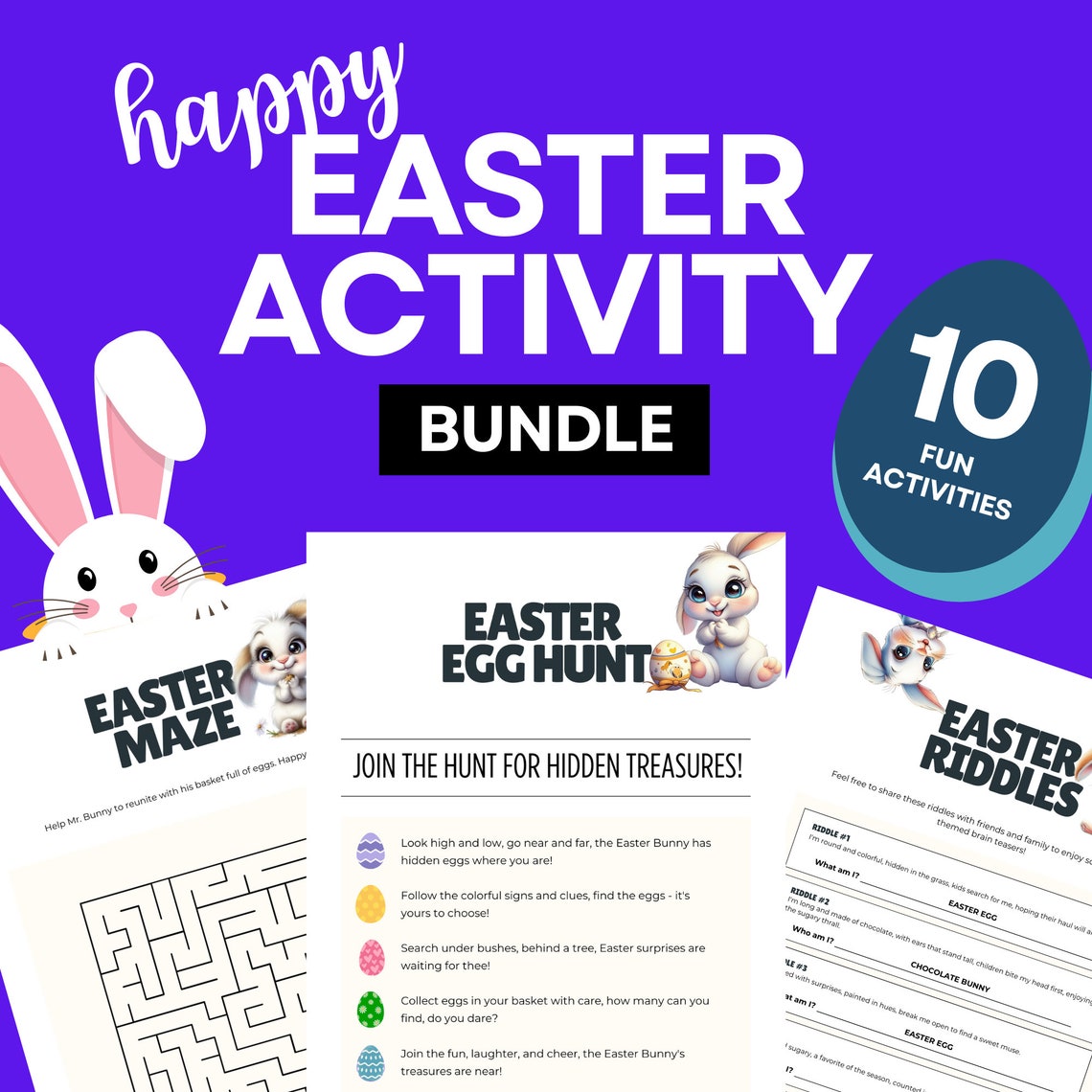Bunny Graphics Easter Activity Bundle, Games, Maze, Riddles (digital ...