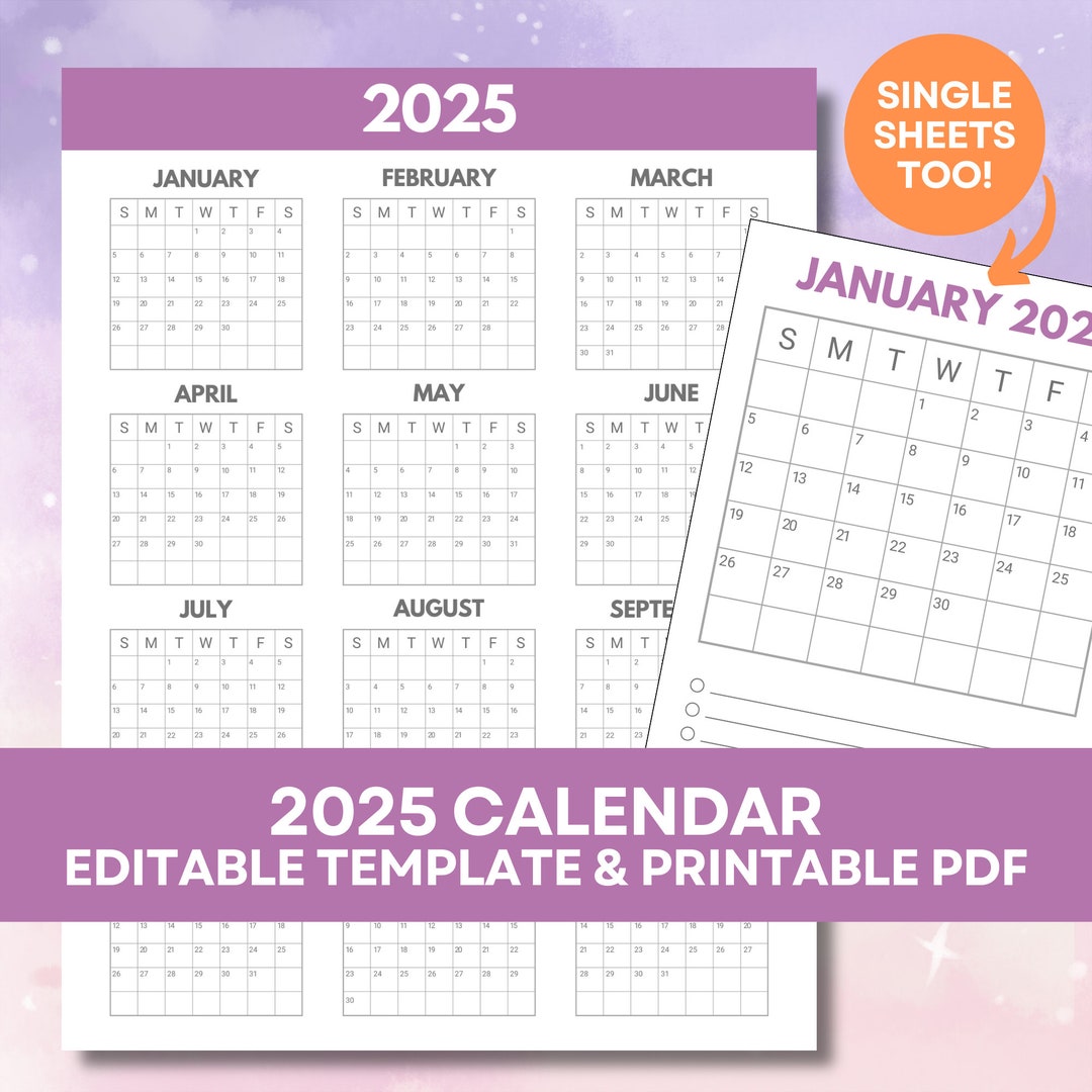 2025 Calendar Printable and Editable, 2025 Editable Calendar, Letter