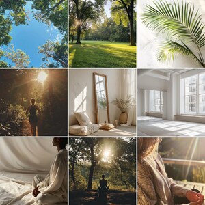 May include: A collage of nine images showcasing different scenes of nature and interior design. The images include a forest path, a green lawn, a white room with a mirror, a person meditating in a forest, and a person sitting on a couch.