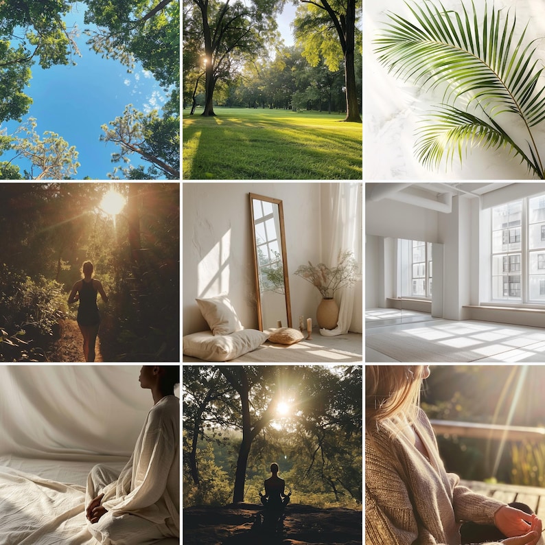 May include: A collage of nine images showcasing different scenes of nature and interior design. The images include a forest path, a green lawn, a white room with a mirror, a person meditating in a forest, and a person sitting on a couch.