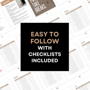 May include: A checklist for home staging with the text "Easy to follow with checklists included". The checklist includes sections for different rooms, such as the bathroom, bedroom, and playroom.