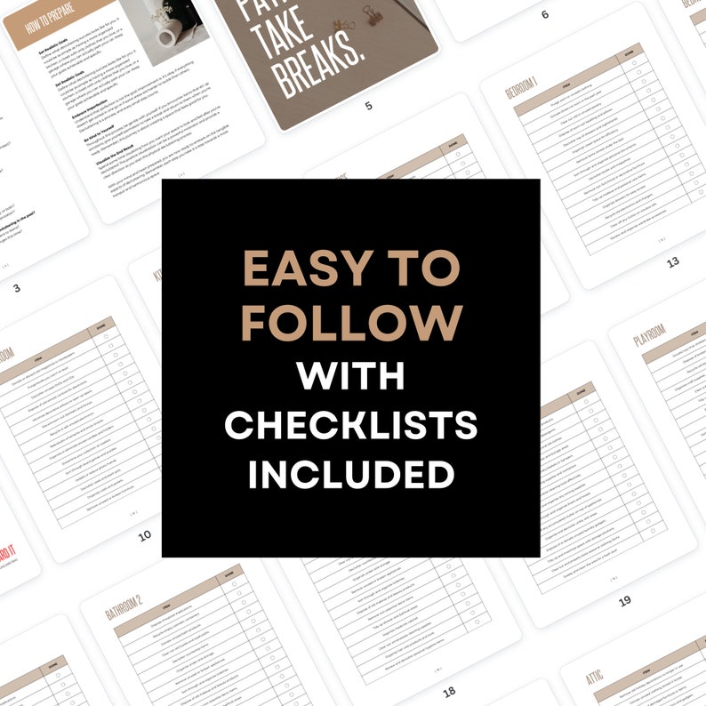 May include: A checklist for home staging with the text "Easy to follow with checklists included". The checklist includes sections for different rooms, such as the bathroom, bedroom, and playroom.