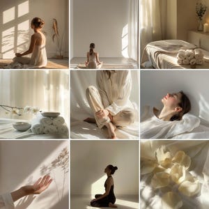 May include: A collection of images showcasing a minimalist aesthetic with a focus on wellness and relaxation. The images feature white towels, white linens, and natural light. There are also images of people practicing yoga and meditation.