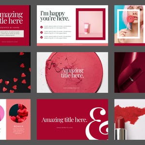 May include: A collage of images featuring various beauty products, including lipstick, blush, and a tube of cream. The images are set against a red and pink background with the text "Amazing title here." and "I'm happy you're here."  The text is in a white sans-serif font.