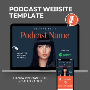 Può includere: Un modello di sito web di podcast è visualizzato su un laptop e uno smartphone. Lo schermo del laptop mostra "Podcast Name" con l'immagine di una donna. Lo smartphone mostra lo stesso design. Il testo include "Podcast Website Template".