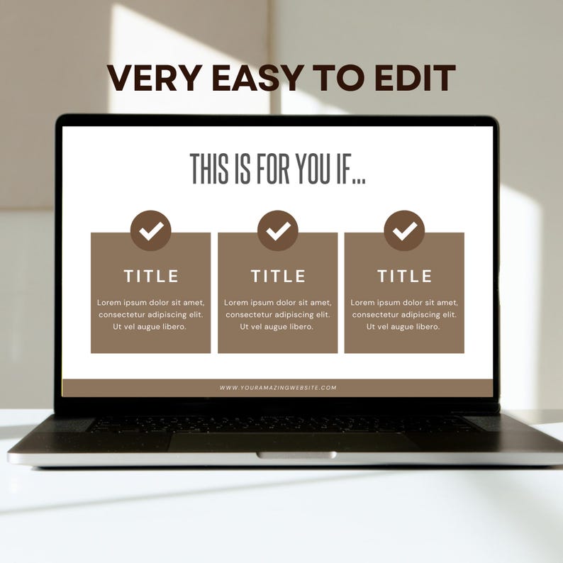 May include: A laptop screen displaying a presentation template with the text "This is for you if..." and three brown boxes with checkmarks and the text "Title" in each box. The text below each title reads "Lorem ipsum dolor sit amet, consectetur adipiscing elit. Ut vel augue libero."