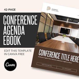 Może przedstawiać: 42-stronicowy szablon e-booka z agendą konferencji z tekstem "Conference Agenda Ebook" w dużych białych literach na czarnym tle. Szablon można bezpłatnie edytować w Canva. Obraz zawiera również tytuł konferencji i szczegóły dotyczące miejsca.