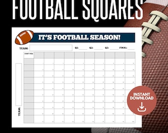 May include: A printable football squares game sheet with the text "FOOTBALL SQUARES" at the top. The sheet includes spaces for team names, quarters, and a final score. The words "IT'S FOOTBALL SEASON!" are also visible.